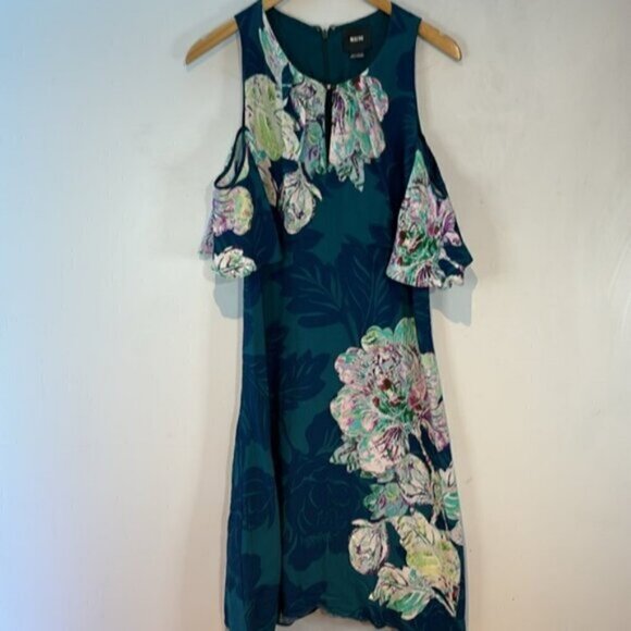 Maeve Anthropologie Elia Floral Print Cold Open Shoulder Dress Size 8 Teal Blue - Picture 7 of 9